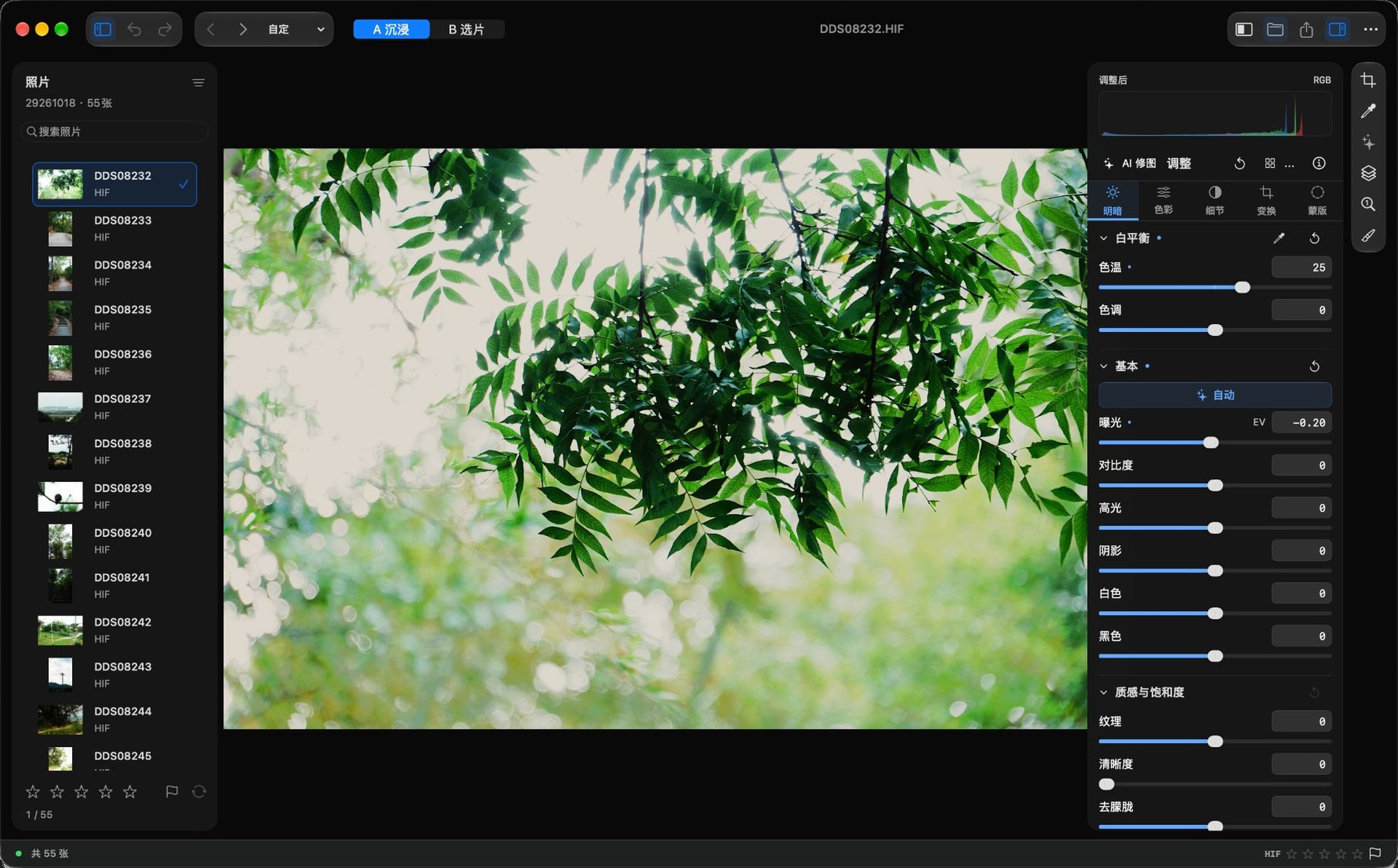 Phos main window (A List layout): asset list on the left, photo canvas and histogram in the center, white balance, basic tone, and texture panels on the right